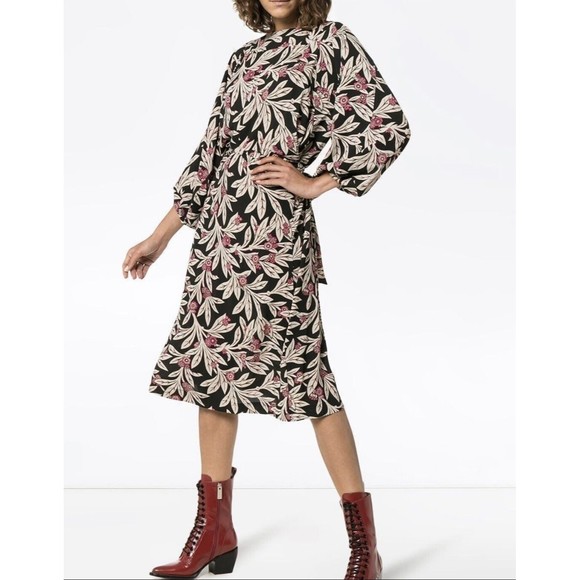 ISABEL MARANT Etoile Black Pink Floral Print Lisa Front‎ Tie Wrap Mid Dress 36 S - Picture 1 of 16